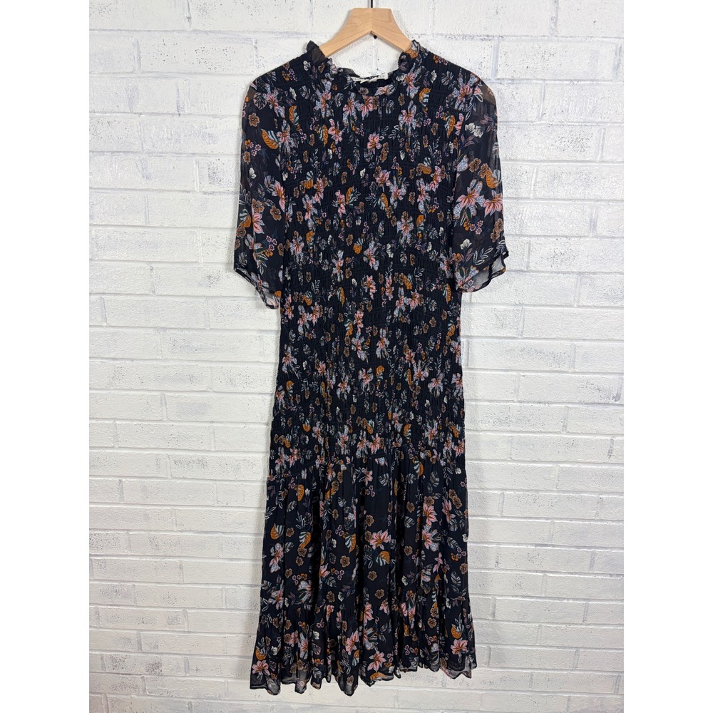 Veronica Beard Gabi Smocked Midi Dress Womens 10 Black Floral Ruffle Romantic